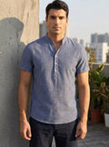 Caleb | Men's Striped Band-Collar Short-Sleeve Henley Shirt, Navy Blue