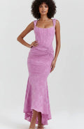 Scarlett | Women's Boned Corset Floral Jacquard High-Low Midi Dress