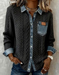Isabella | Women's Cable-Knit Button-Front Cardigan Denim-Trim Collar