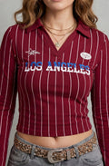 Penelope | Women's Cropped Long Sleeve Striped Collared Graphic Top