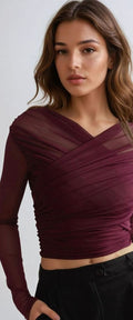 Olivia | Women's Ruched Mesh Long Sleeve Going Out Crop Top