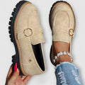 Eleanor | Women's Suede Platform Slip-On Loafers Gold Buckle Detail