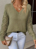 Eleanor | Women's V-Neck Openwork Sleeve Knit Sweater