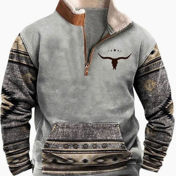Men's Aztec Fleece Quarter-Zip Pullover Sweater Kangaroo Pocket