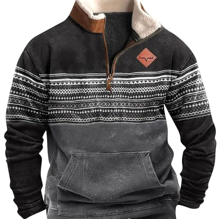 Men's Aztec Fleece Quarter-Zip Pullover Sweater Kangaroo Pocket - Unknown