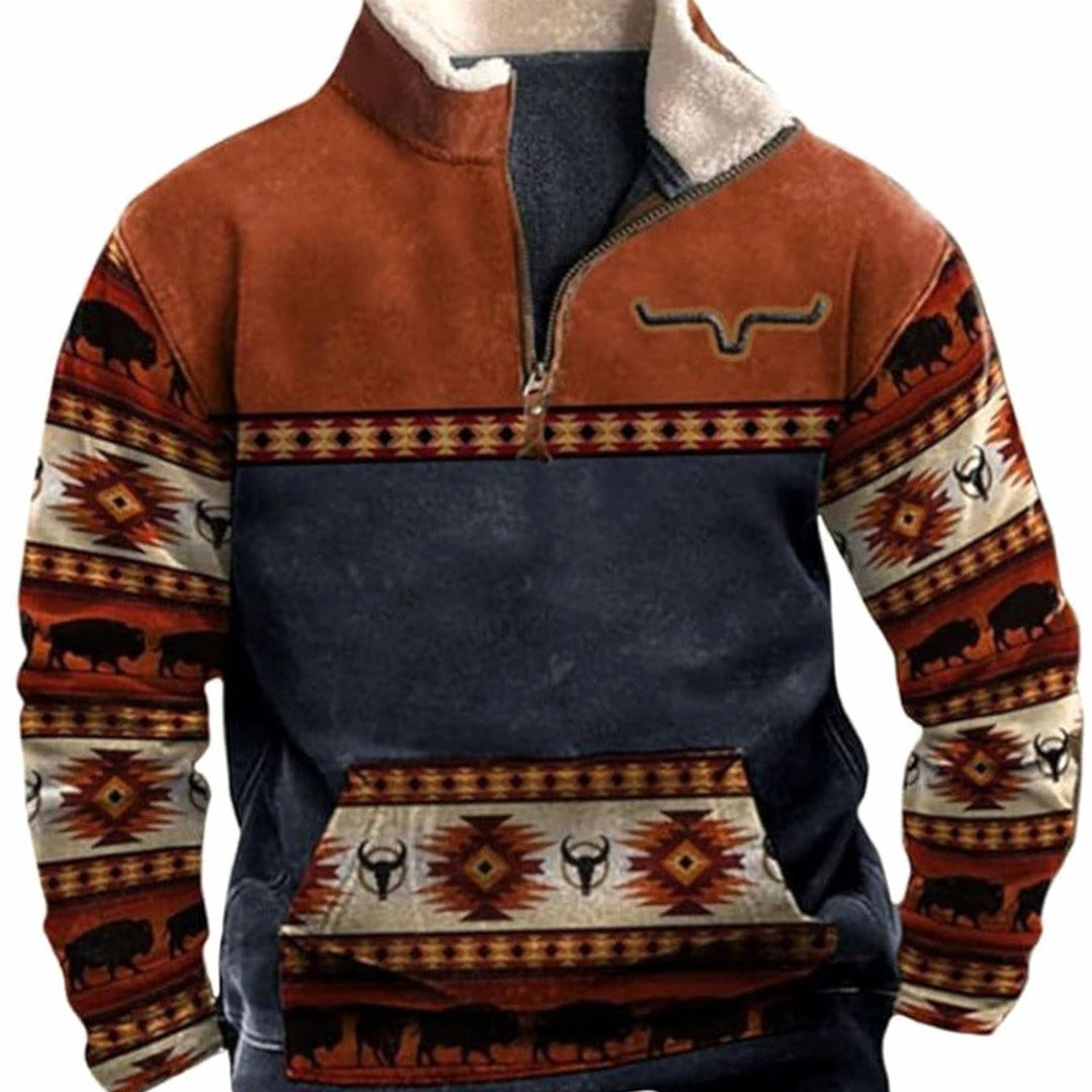 Men's Aztec Fleece Quarter-Zip Pullover Sweater Kangaroo Pocket - White