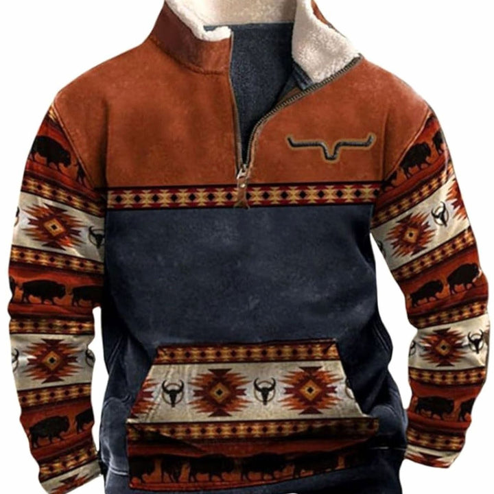 Men's Aztec Fleece Quarter-Zip Pullover Sweater Kangaroo Pocket - White