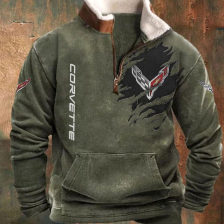 Men's Aztec Fleece Quarter-Zip Pullover Sweater Kangaroo Pocket