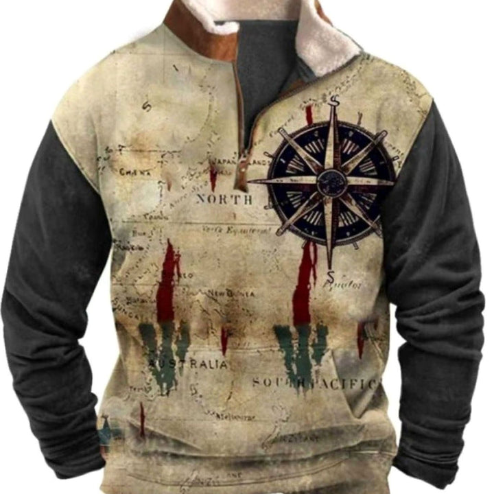 Men's Aztec Fleece Quarter-Zip Pullover Sweater Kangaroo Pocket - Blue