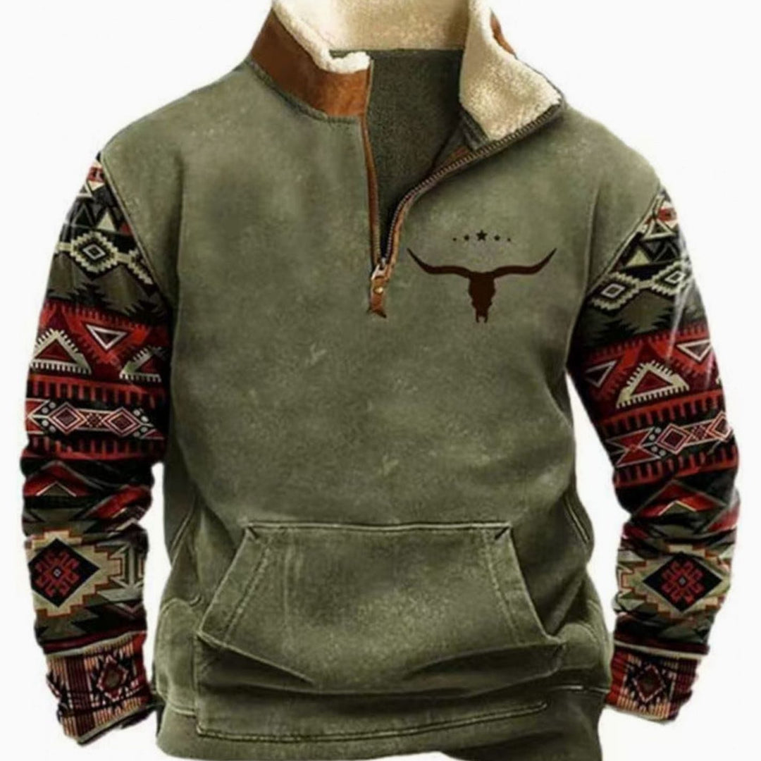 Men's Aztec Fleece Quarter-Zip Pullover Sweater Kangaroo Pocket - Gray