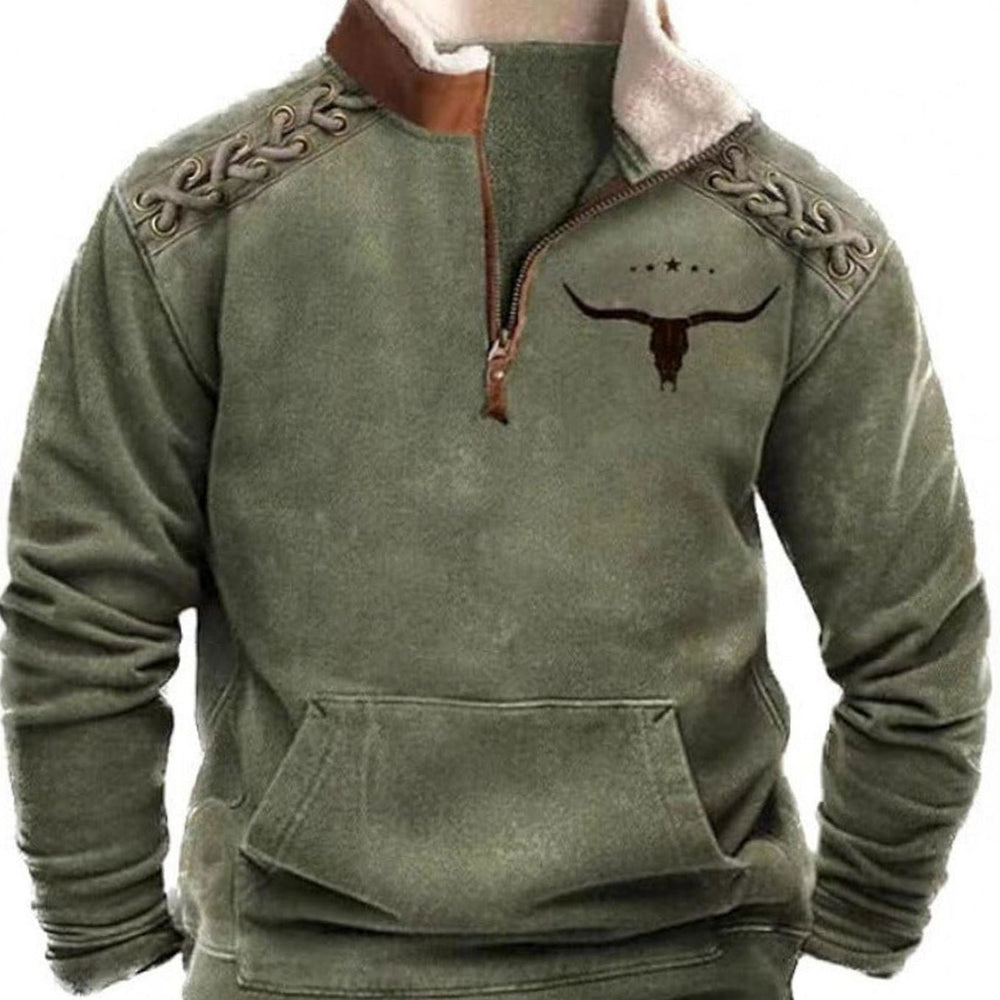 Men's Aztec Fleece Quarter-Zip Pullover Sweater Kangaroo Pocket