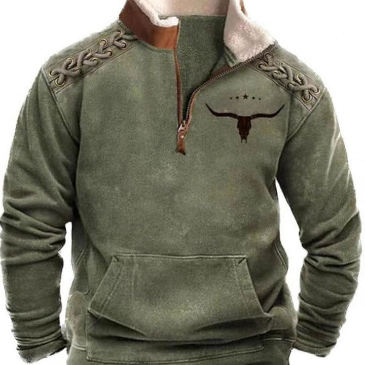Men's Aztec Fleece Quarter-Zip Pullover Sweater Kangaroo Pocket