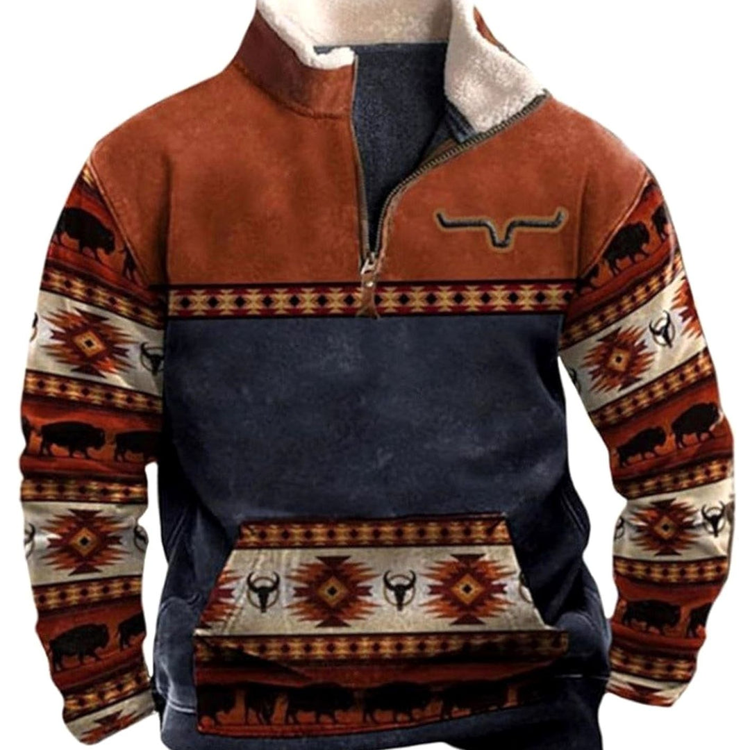 Men's Aztec Fleece Quarter-Zip Pullover Sweater Kangaroo Pocket