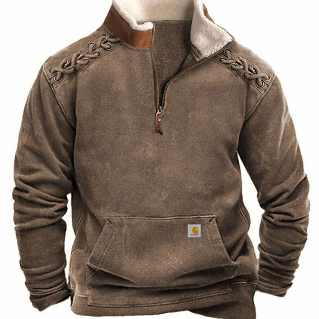 Men's Aztec Fleece Quarter-Zip Pullover Sweater Kangaroo Pocket - Red