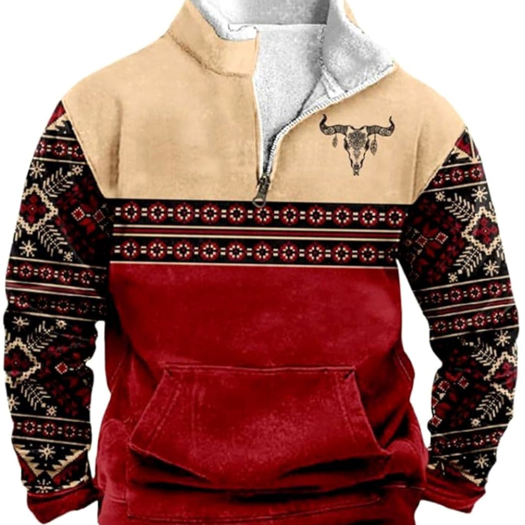 Men's Aztec Fleece Quarter-Zip Pullover Sweater Kangaroo Pocket - Red