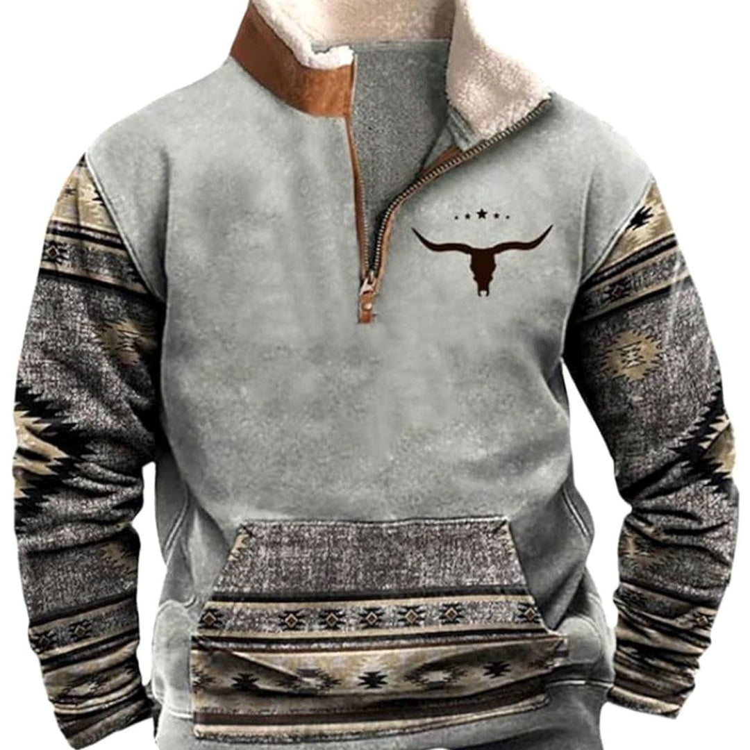Men's Aztec Fleece Quarter-Zip Pullover Sweater Kangaroo Pocket - White