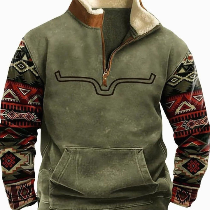 Men's Aztec Fleece Quarter-Zip Pullover Sweater Kangaroo Pocket - Yellow