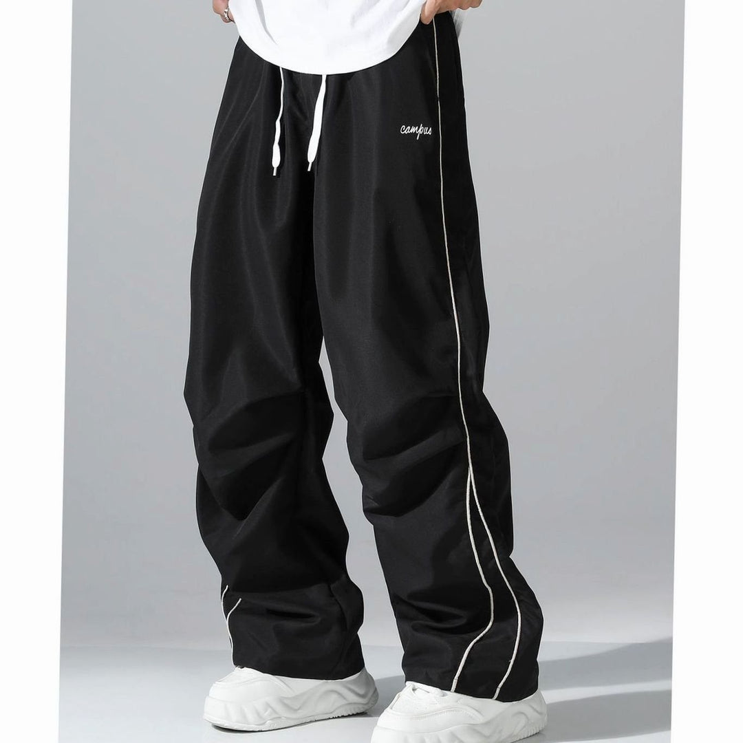 Men's Baggy Wide-Leg Drawstring Sweat Pants Contrast Piping