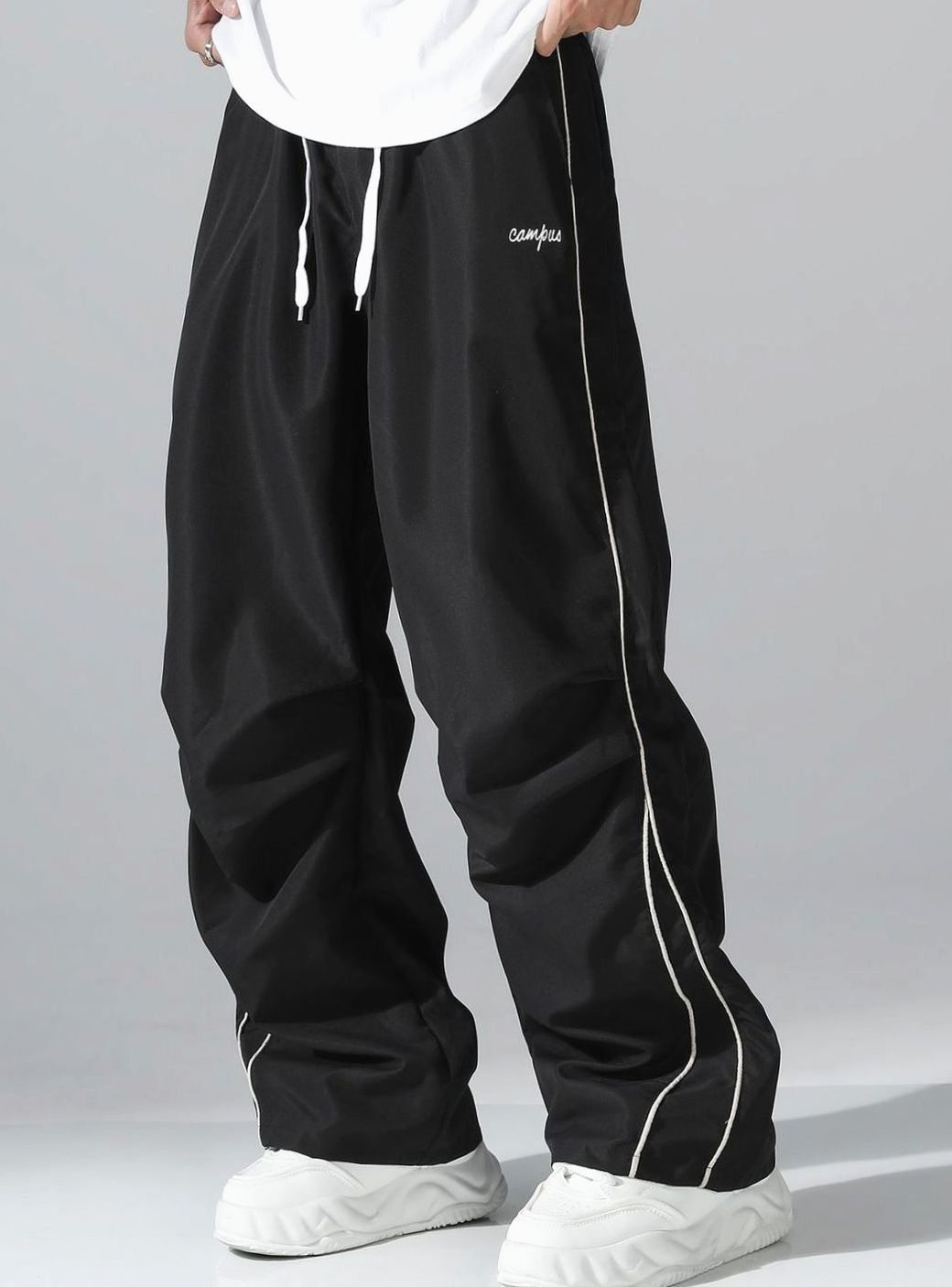 Men's Baggy Wide-Leg Drawstring Sweat Pants Contrast Piping - Black
