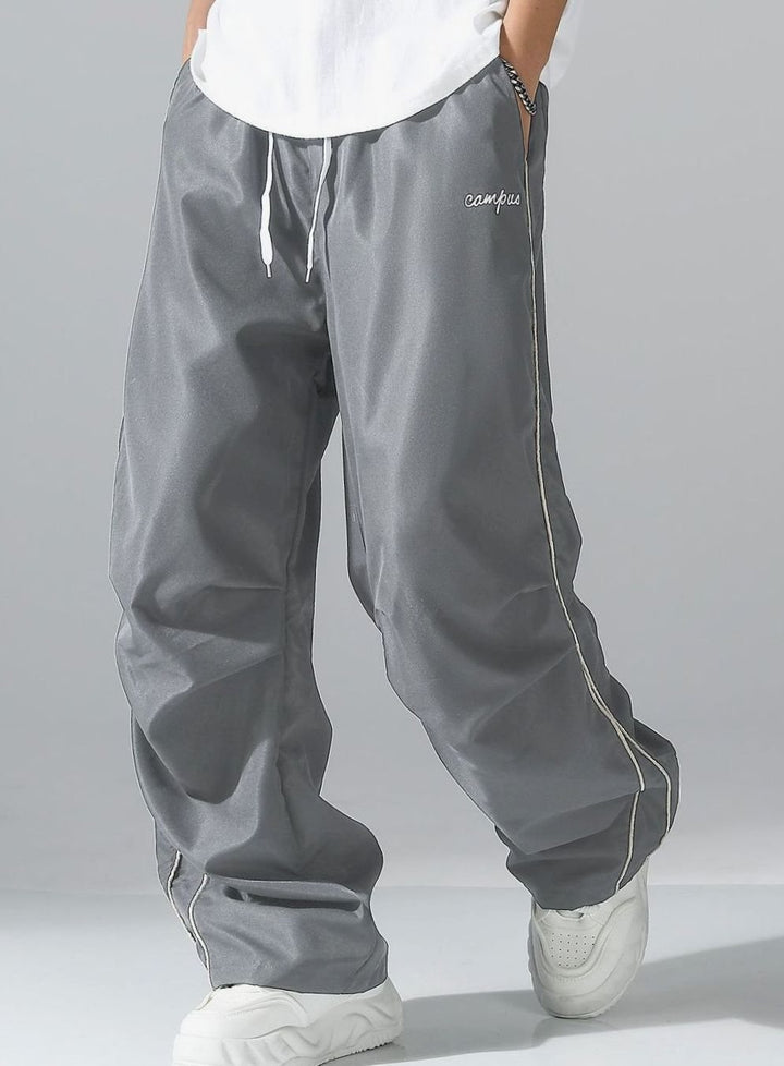 Men's Baggy Wide-Leg Drawstring Sweat Pants Contrast Piping - Dark Gray