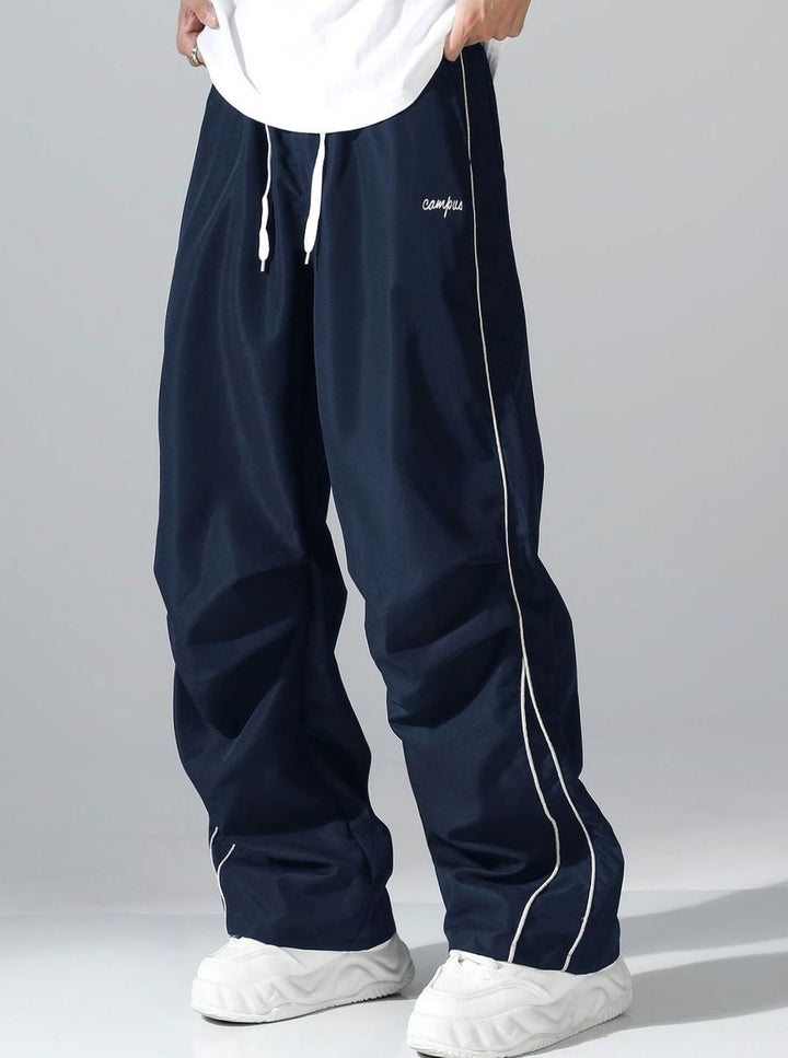 Men's Baggy Wide-Leg Drawstring Sweat Pants Contrast Piping - Navy Blue