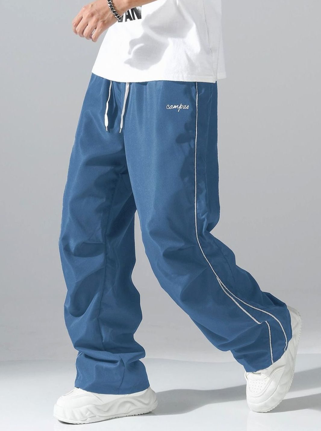 Men's Baggy Wide-Leg Drawstring Sweat Pants Contrast Piping - Blue