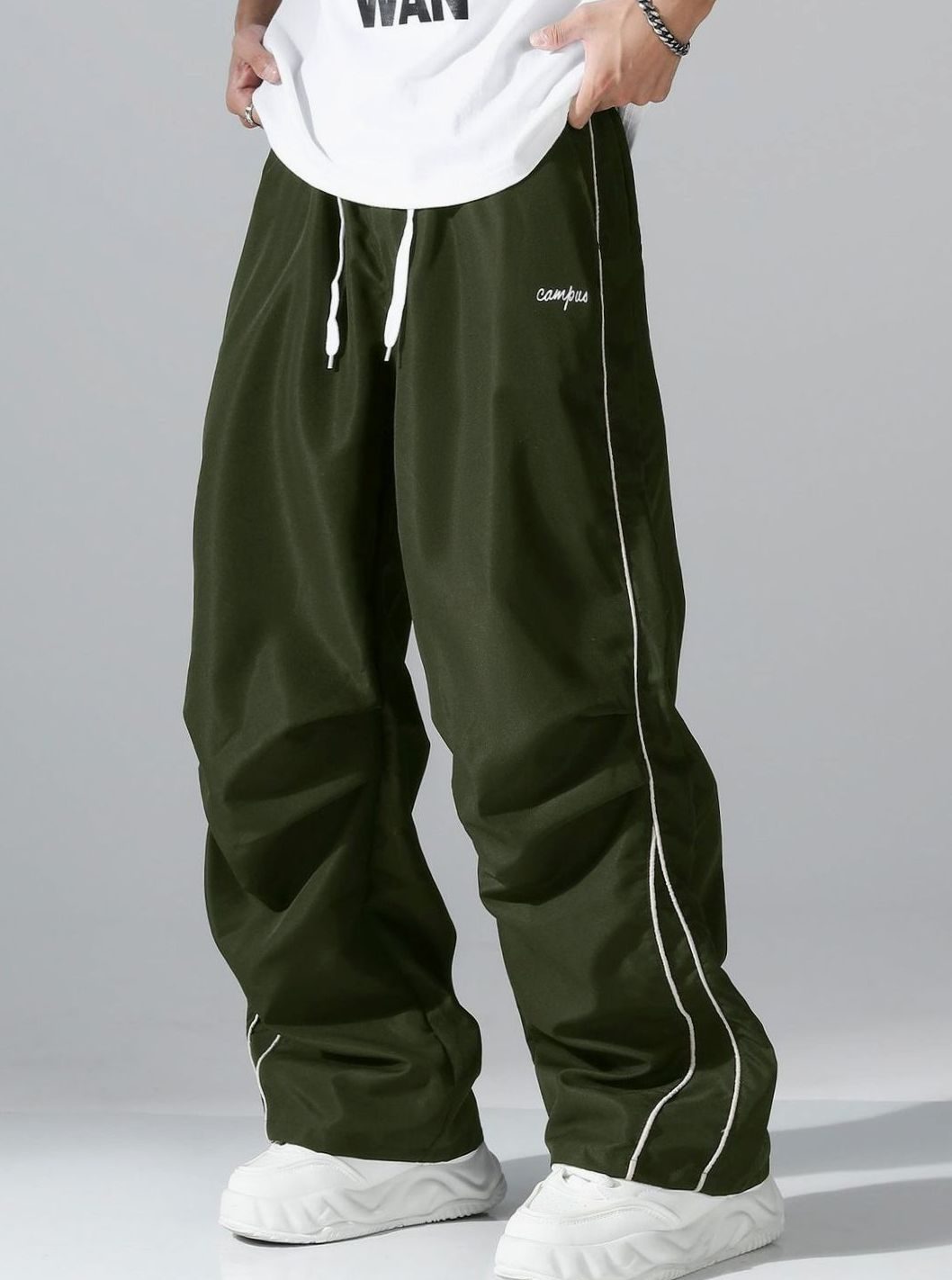 Men's Baggy Wide-Leg Drawstring Sweat Pants Contrast Piping - Military Green