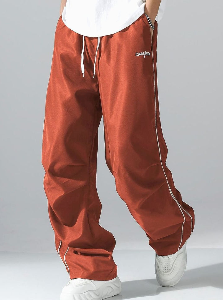 Men's Baggy Wide-Leg Drawstring Sweat Pants Contrast Piping - Brick Red