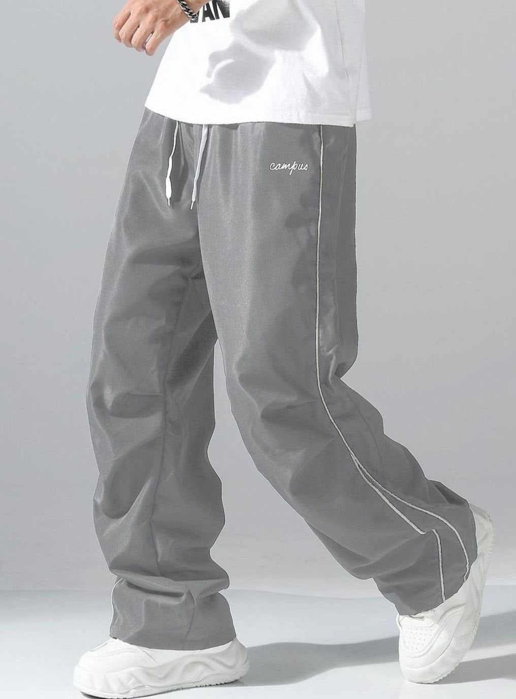 Men's Baggy Wide-Leg Drawstring Sweat Pants Contrast Piping - Light Gray