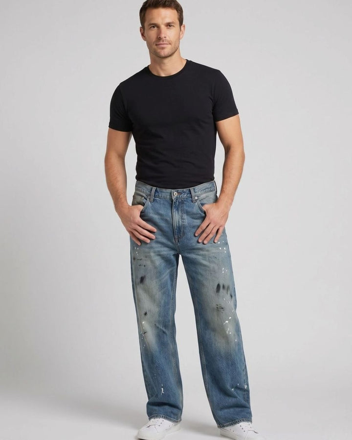 Men's Baggy Wide-Leg Vintage-Wash Paint-Splatter Jeans