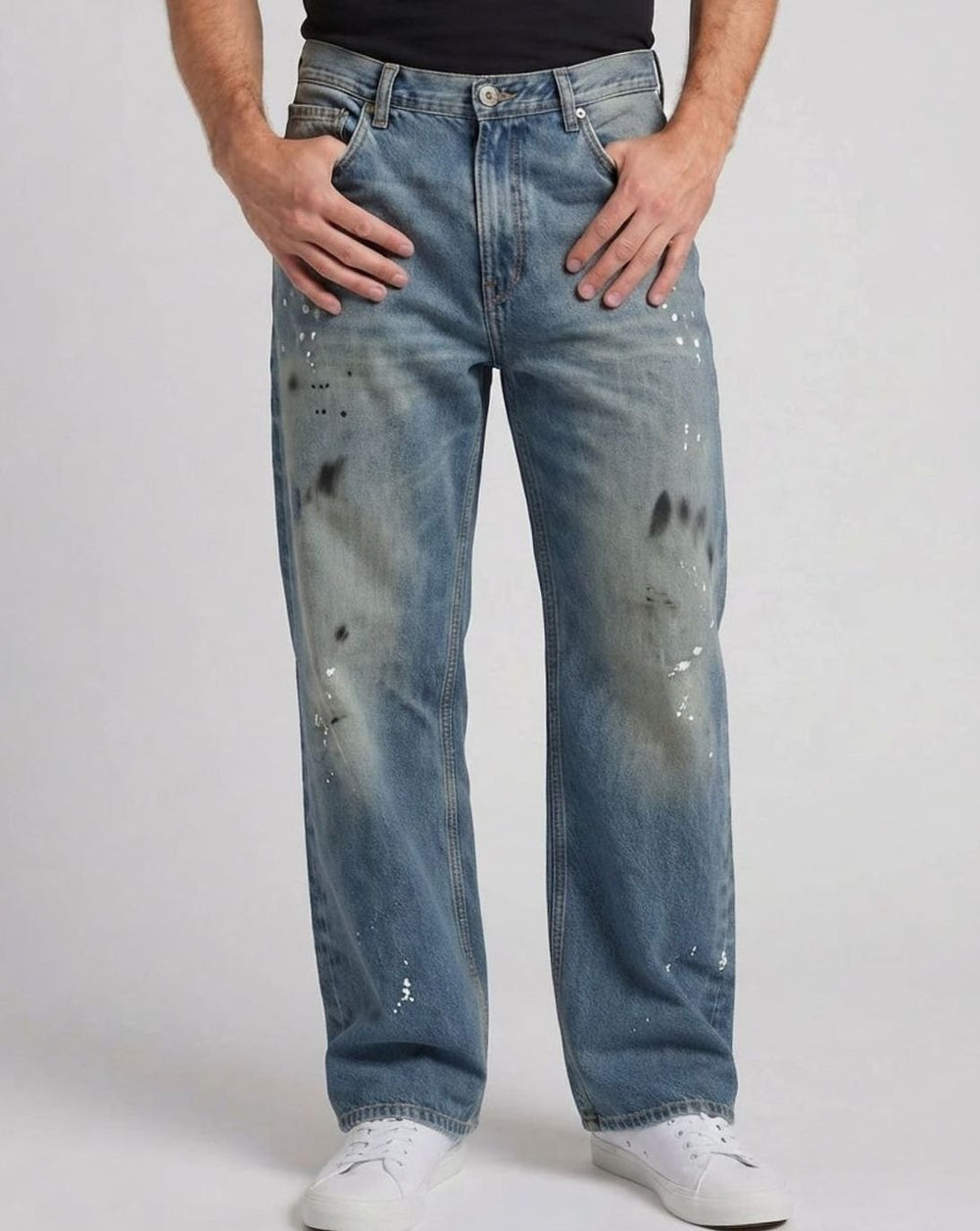 Men's Baggy Wide-Leg Vintage-Wash Paint-Splatter Jeans