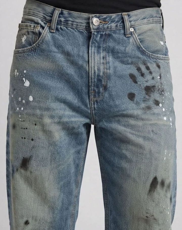 Men's Baggy Wide-Leg Vintage-Wash Paint-Splatter Jeans