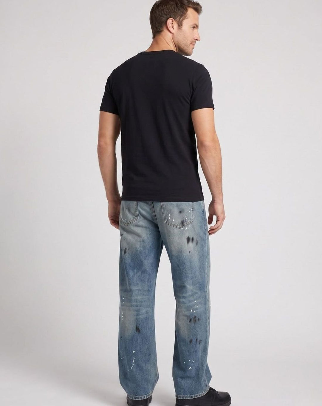 Men's Baggy Wide-Leg Vintage-Wash Paint-Splatter Jeans