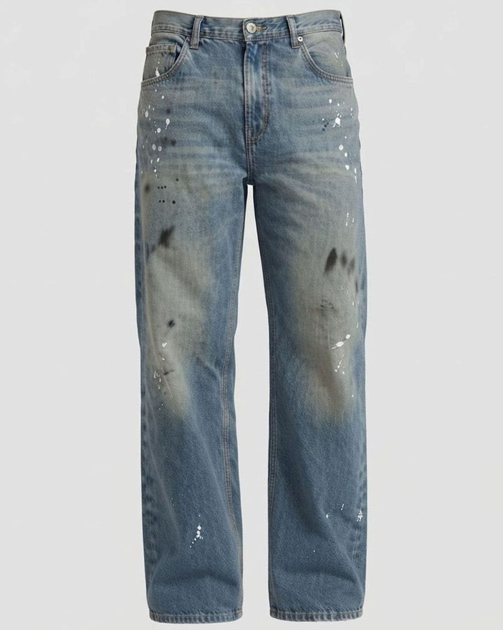 Men's Baggy Wide-Leg Vintage-Wash Paint-Splatter Jeans - Blue
