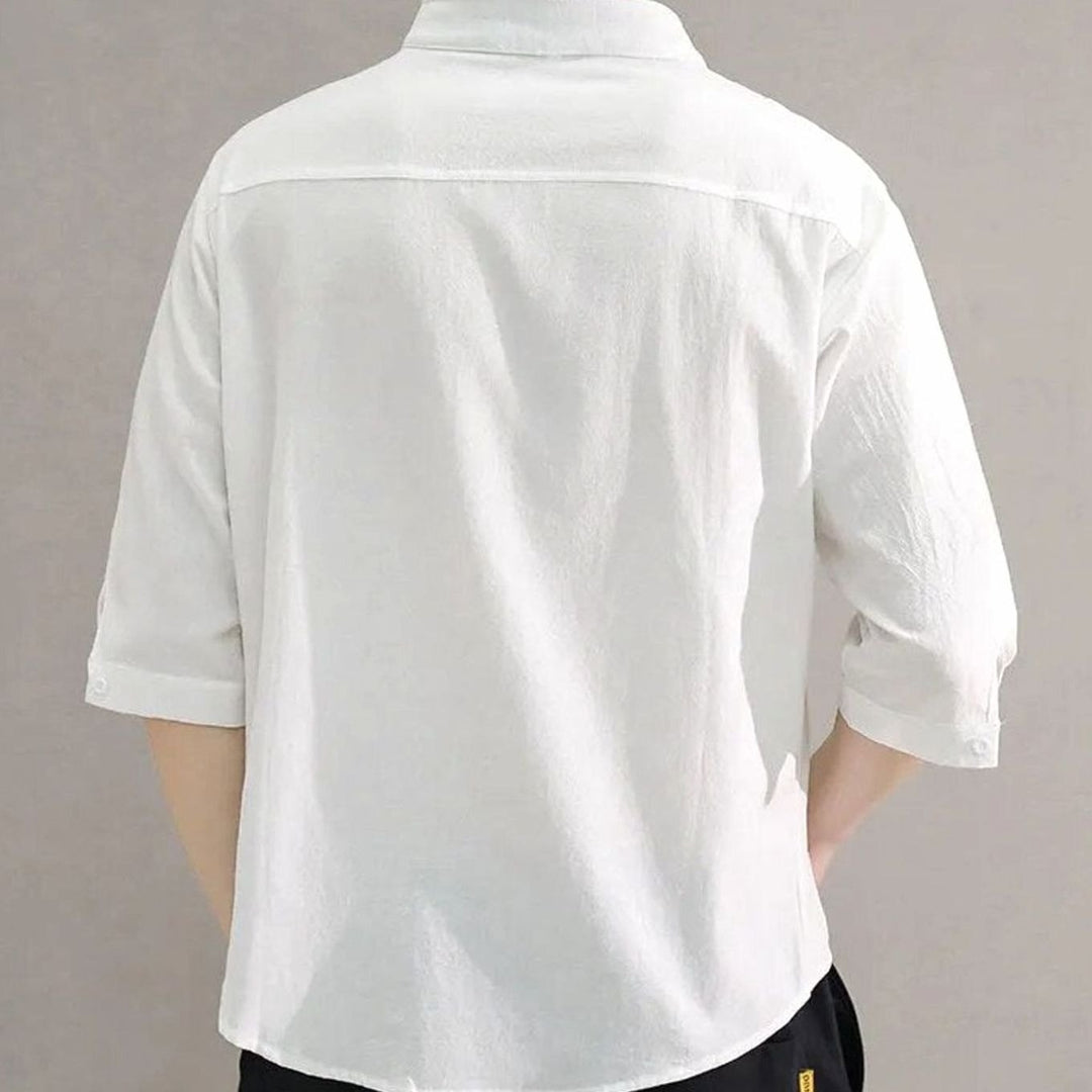Men's Band-Collar Rollup-Sleeve Button-Up Long Sleeve Shirt