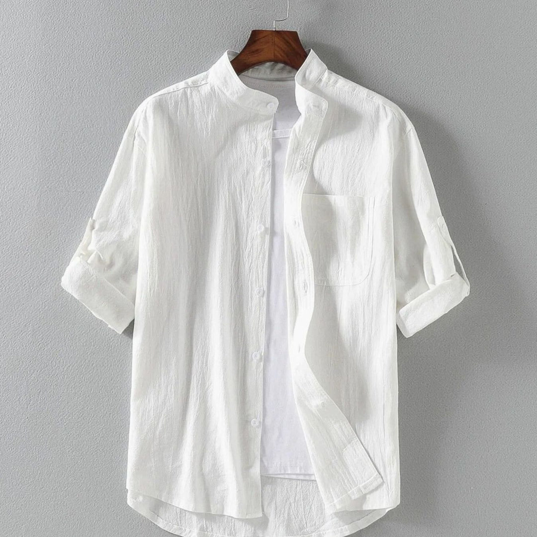 Men's Band-Collar Rollup-Sleeve Button-Up Long Sleeve Shirt - White