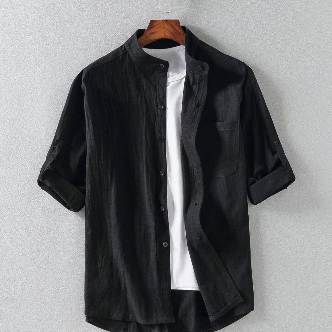 Men's Band-Collar Rollup-Sleeve Button-Up Long Sleeve Shirt - Black