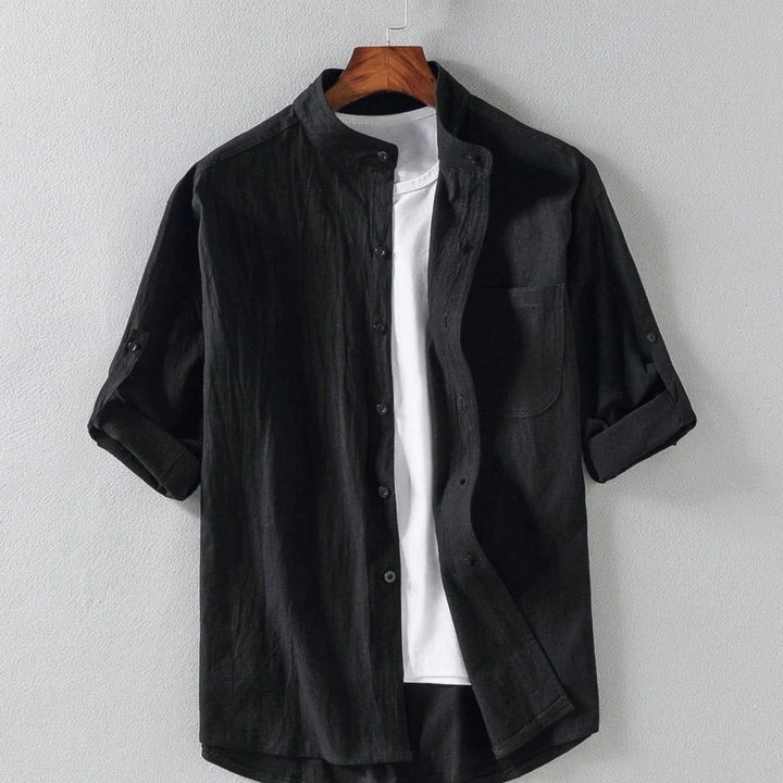 Men's Band-Collar Rollup-Sleeve Button-Up Long Sleeve Shirt - Black