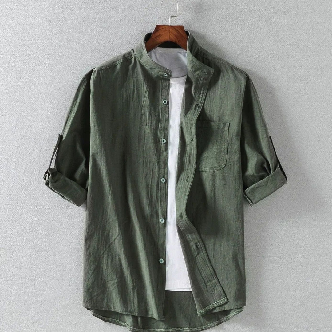 Men's Band-Collar Rollup-Sleeve Button-Up Long Sleeve Shirt - Army Green