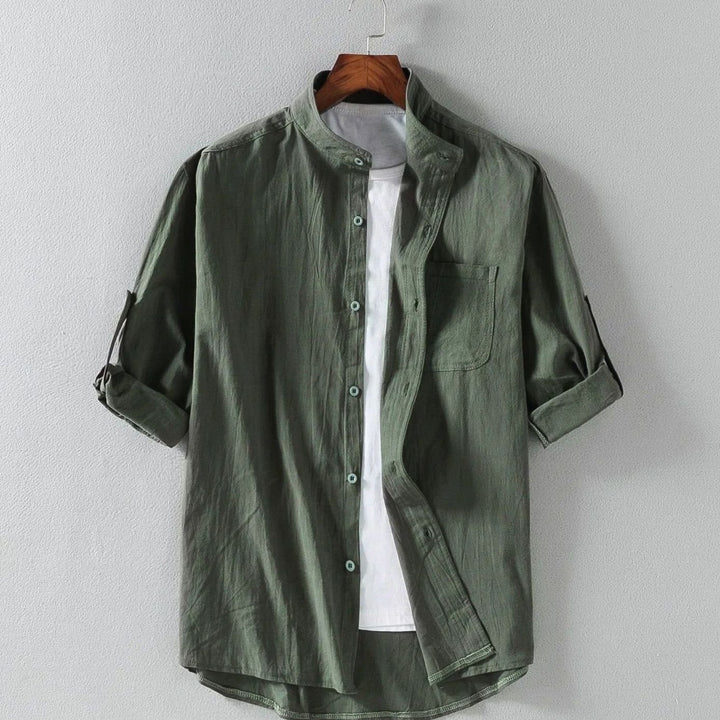 Men's Band-Collar Rollup-Sleeve Button-Up Long Sleeve Shirt - Army Green