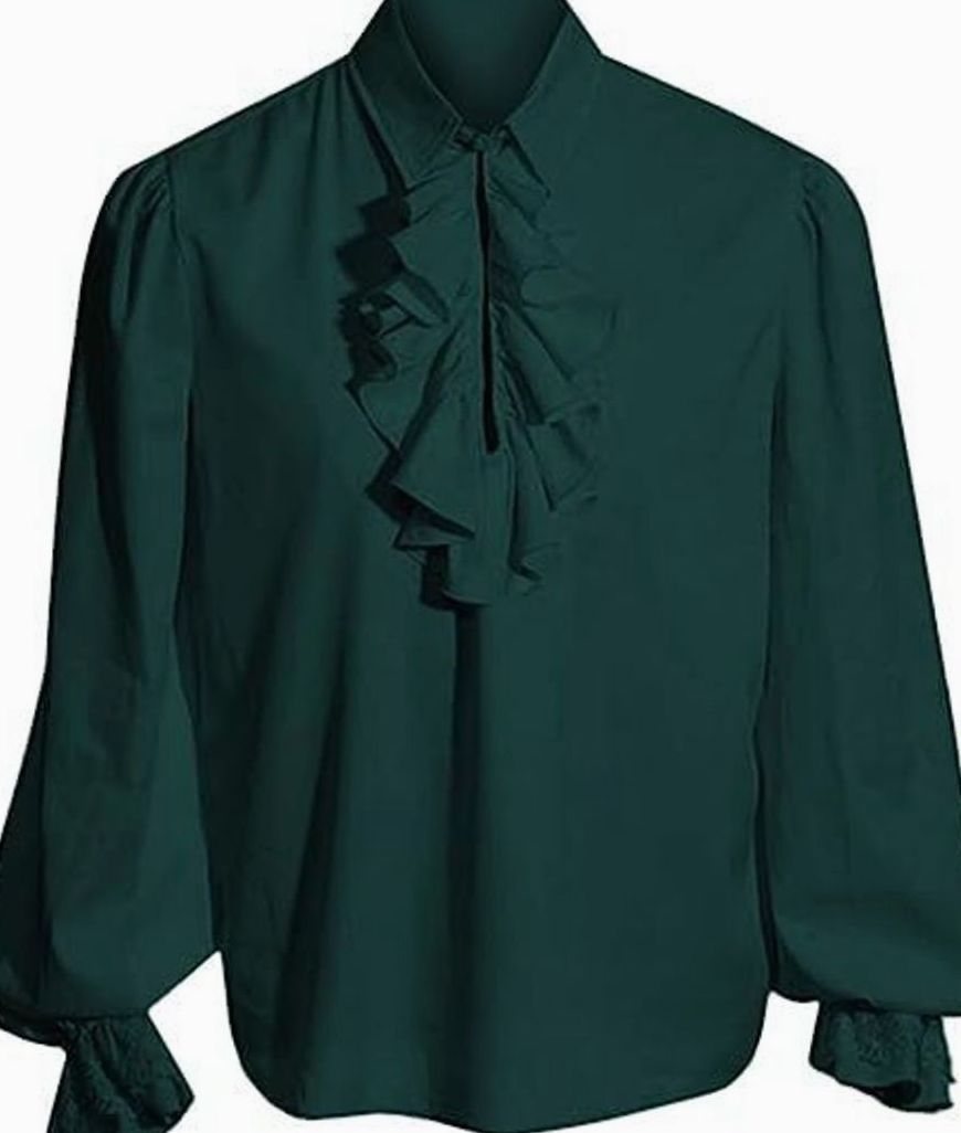Men's Baroque Ruffle-Front Long-Sleeve Dress Shirt Lace Cuffs - Renaissance Shirt Green