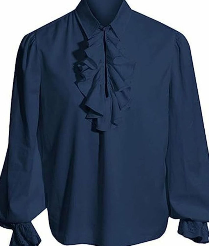 Men's Baroque Ruffle-Front Long-Sleeve Dress Shirt Lace Cuffs - Revival Shirt Blue