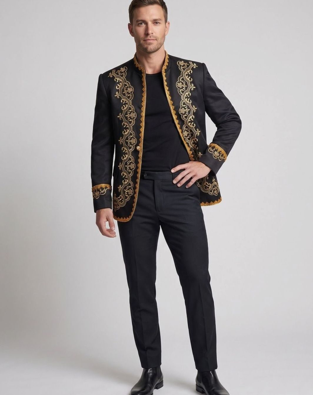 Men's Black Gold Embroidered Brocade Blazer Jacket