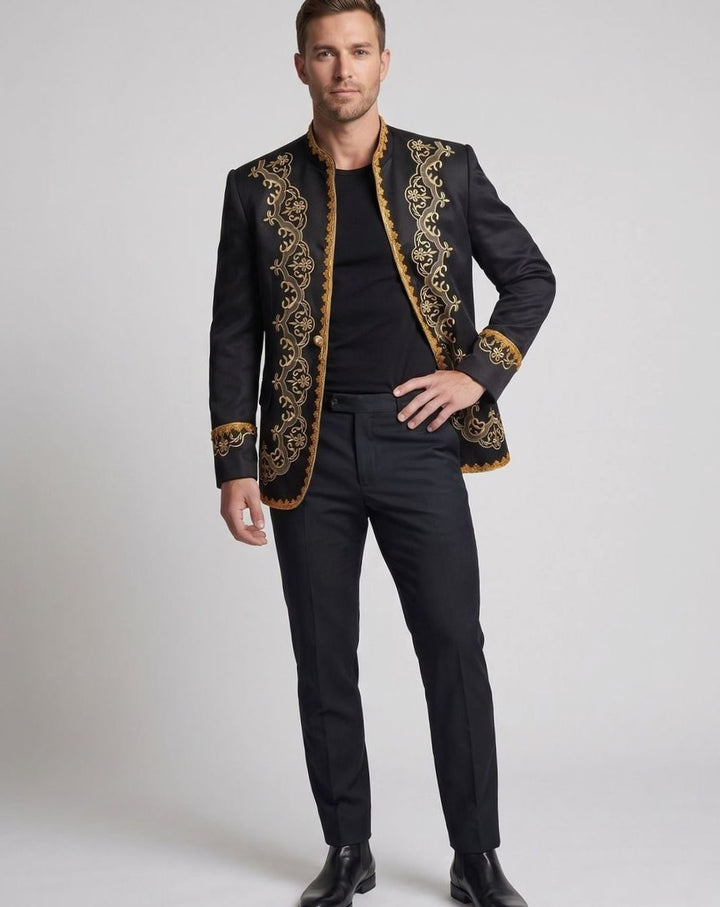 Men's Black Gold Embroidered Brocade Blazer Jacket