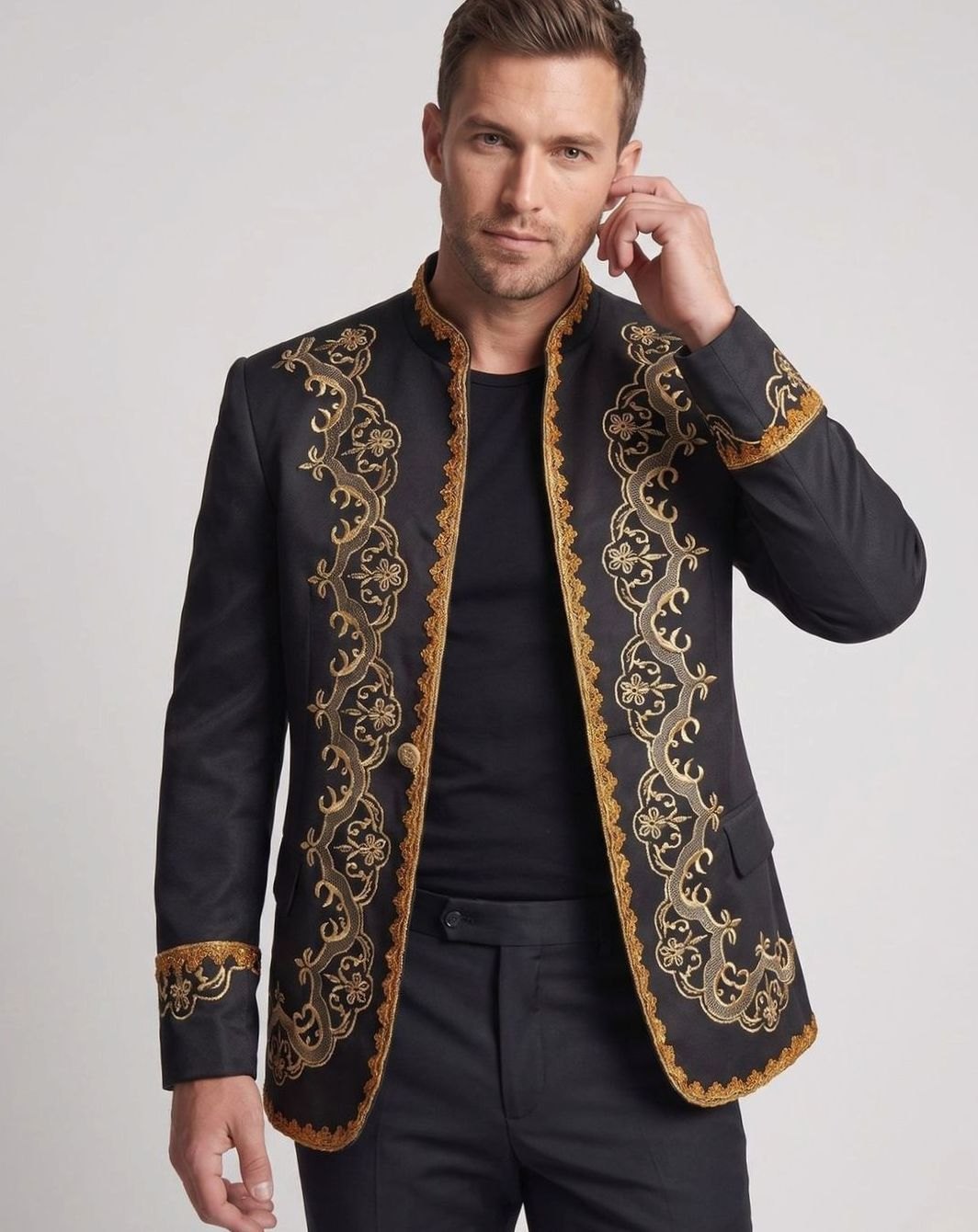 Men's Black Gold Embroidered Brocade Blazer Jacket