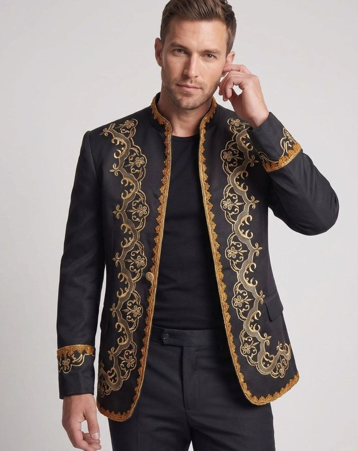 Men's Black Gold Embroidered Brocade Blazer Jacket