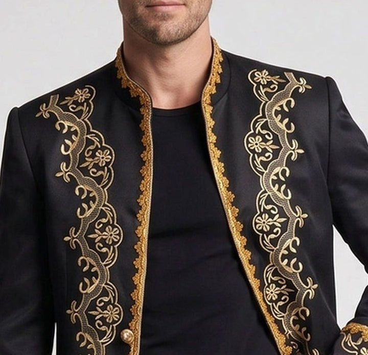 Men's Black Gold Embroidered Brocade Blazer Jacket