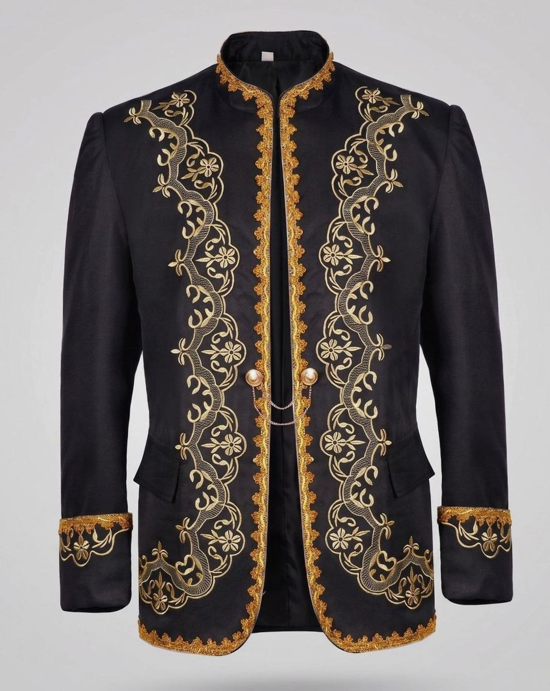 Men's Black Gold Embroidered Brocade Blazer Jacket - Black