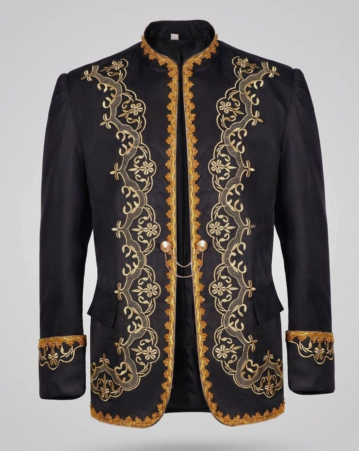 Men's Black Gold Embroidered Brocade Blazer Jacket - Black