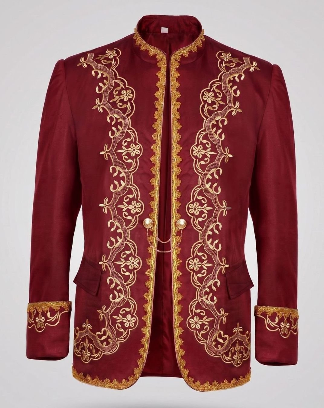 Men's Black Gold Embroidered Brocade Blazer Jacket - Red
